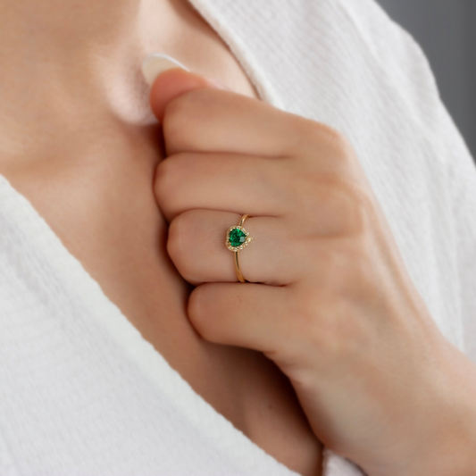 Emerald Bezel Heart Ring with Real Diamonds Halo in 8K/10K/14K Solid Gold | May Birthstone Jewelry
