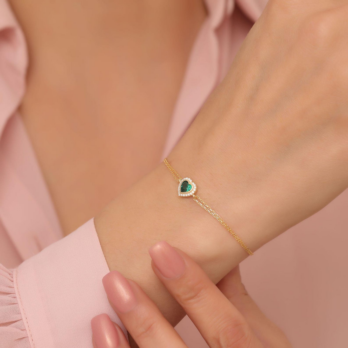 Emerald Bezel Heart Bracelet with Real Diamonds in 8K/10K/14K Solid Gold | May Birthstone Jewelry