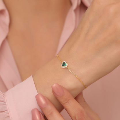Emerald Bezel Heart Bracelet with Real Diamonds in 8K/10K/14K Solid Gold | May Birthstone Jewelry