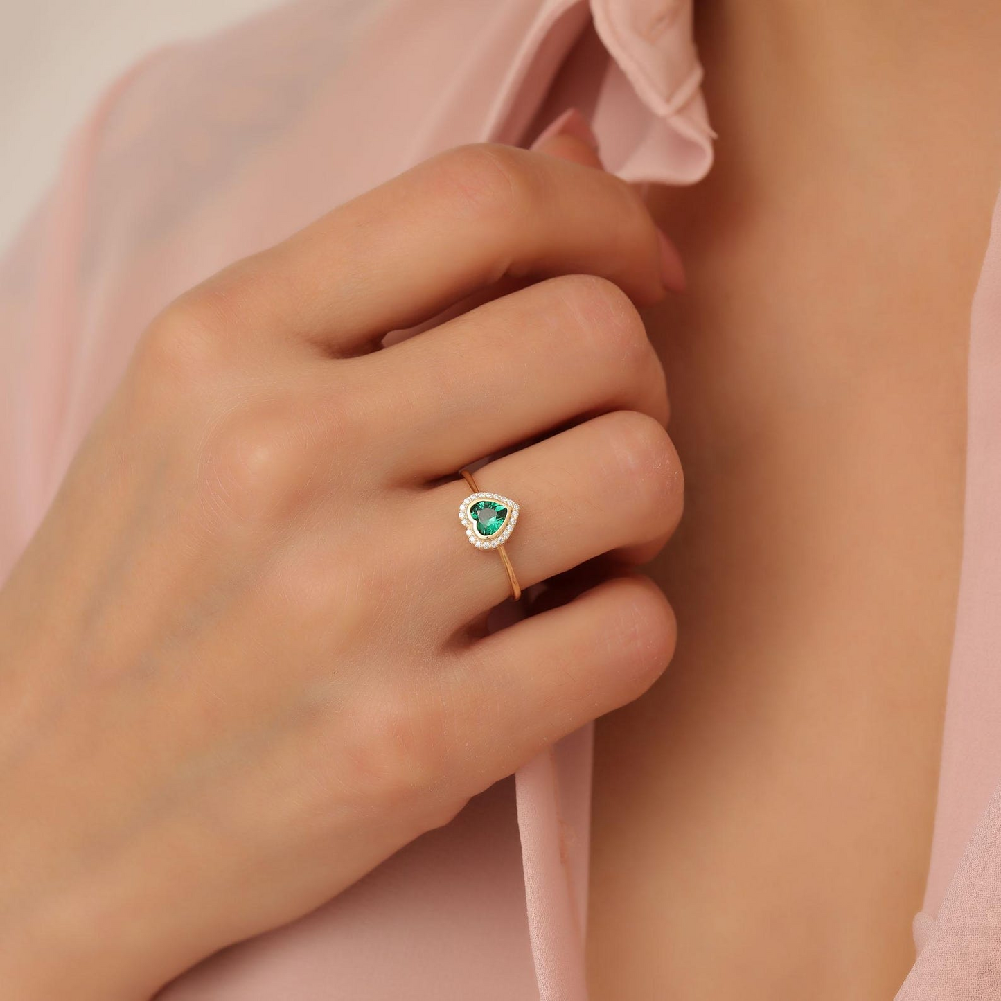 Emerald Bezel Heart Ring with Real Diamonds in 8K/10K/14K Solid Gold | May Birthstone Jewelry