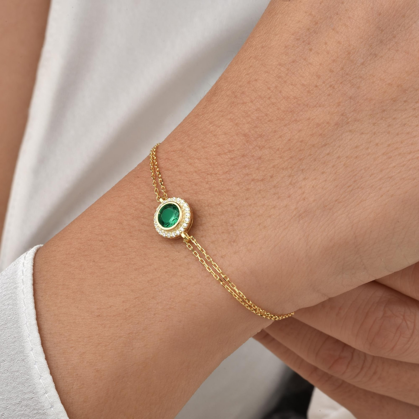 Emerald Round Bezel Bracelet in 8K/10K/14K Solid Gold with Real Diamonds, May Birthstone Jewelry