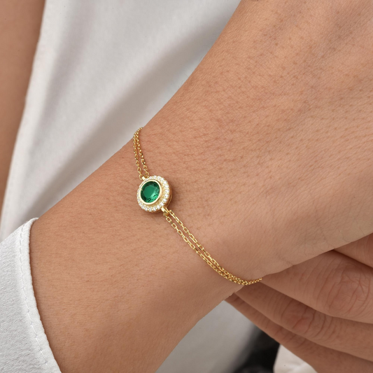 Emerald Round Bezel Bracelet in 8K/10K/14K Solid Gold with Real Diamonds, May Birthstone Jewelry