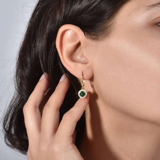 Emerald Round Bezel Dangle Earrings in 8K/10K/14K Solid Gold with Real Diamonds, May Birthstone Jewelry