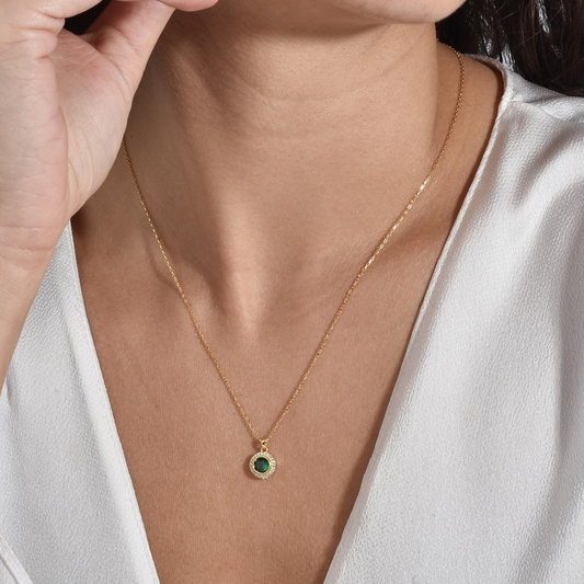 Emerald Round Bezel Necklace in 8K/10K/14K Solid Gold with Real Diamonds, May Birthstone Jewelry