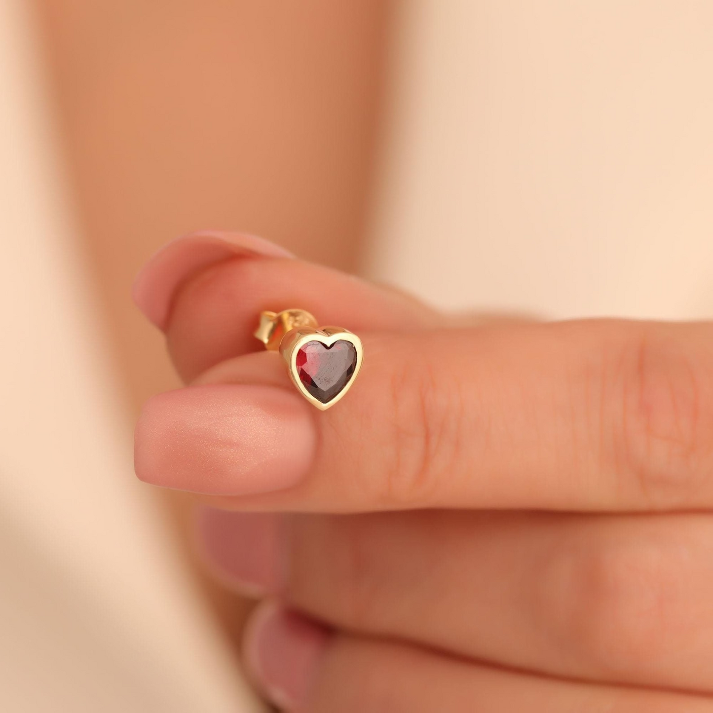 Garnet Heart Bezel Stud Earrings 10K/14K Solid Gold, January Birthstone Jewelry