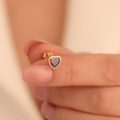 Garnet Heart Bezel Stud Earrings 10K/14K Solid Gold, January Birthstone Jewelry