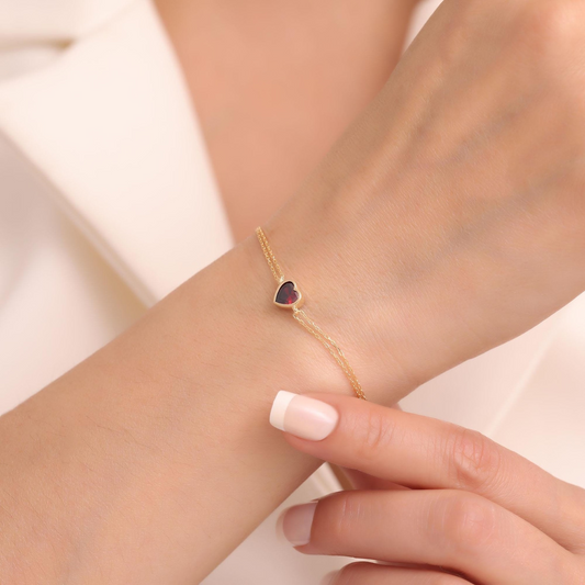 Heart Garnet Bezel Bracelet in 10K/14K Solid Gold | January Birthstone