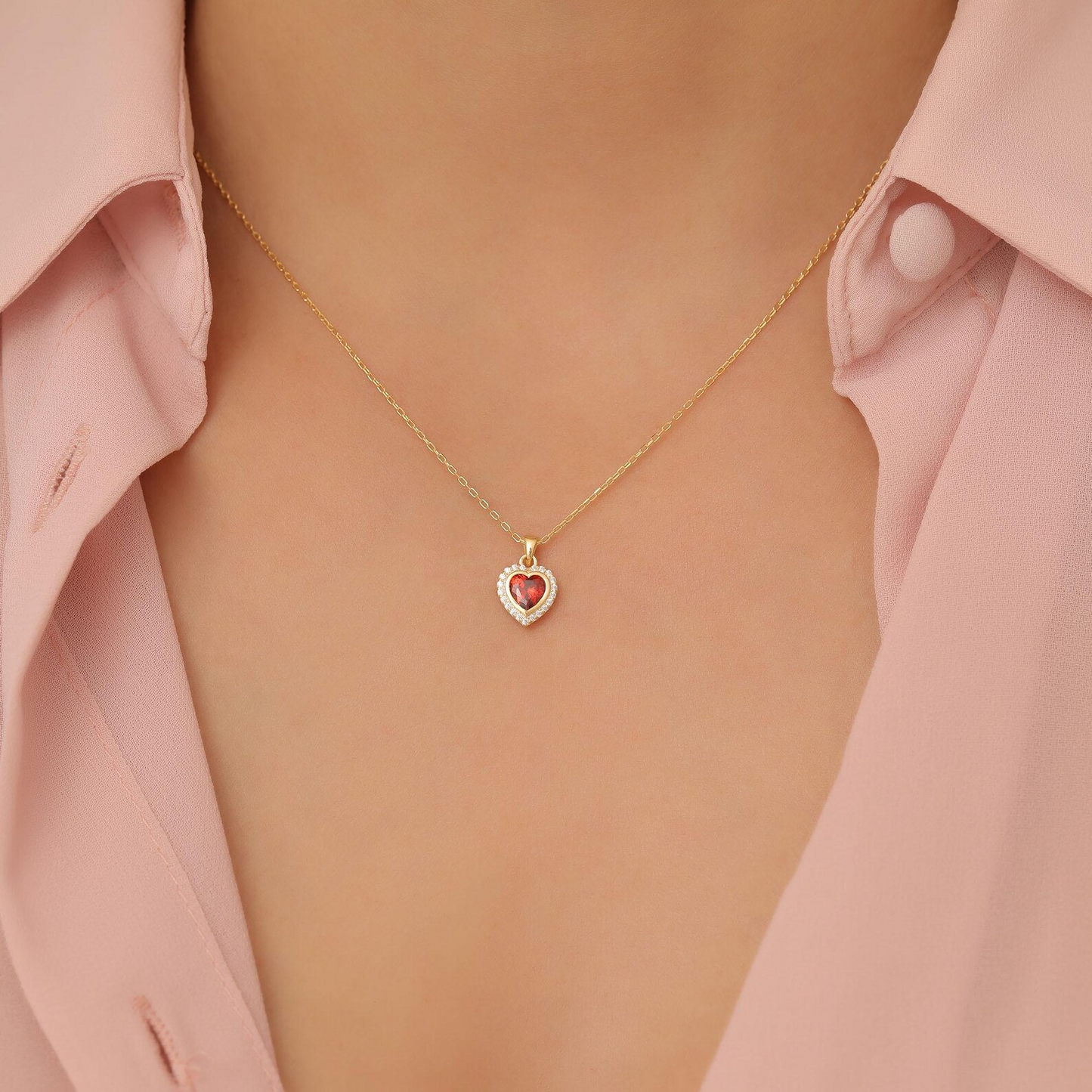 Garnet Bezel Heart Necklace with Real Diamonds in 8K/10K/14K Solid Gold | January Birthstone Jewelry