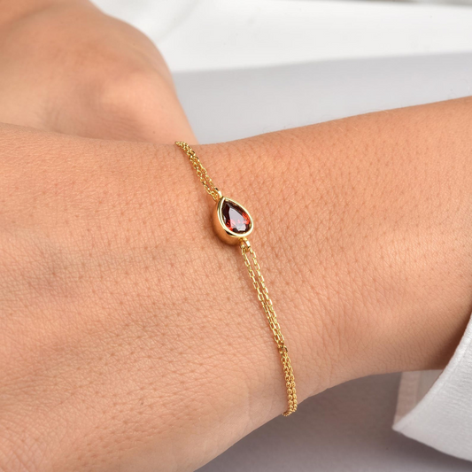 Garnet Drop Bezel Bracelet in 10K/14K Solid Gold, January Birthstone Jewelry