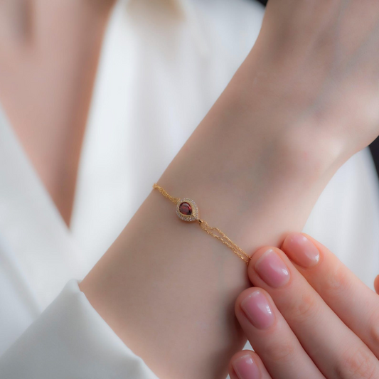 Garnet Bezel Drop Bracelet with Real Diamonds in 8K/10K/14K Solid Gold | January Birthstone Jewelry
