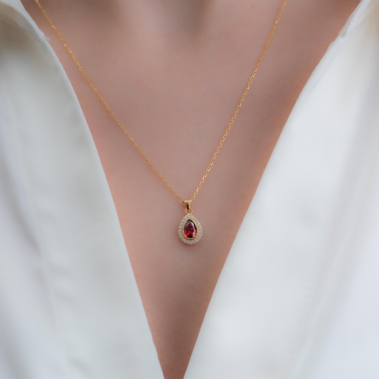 Garnet Bezel Drop Necklace with Real Diamonds in 8K/10K/14K Solid Gold | January Birthstone Jewelry