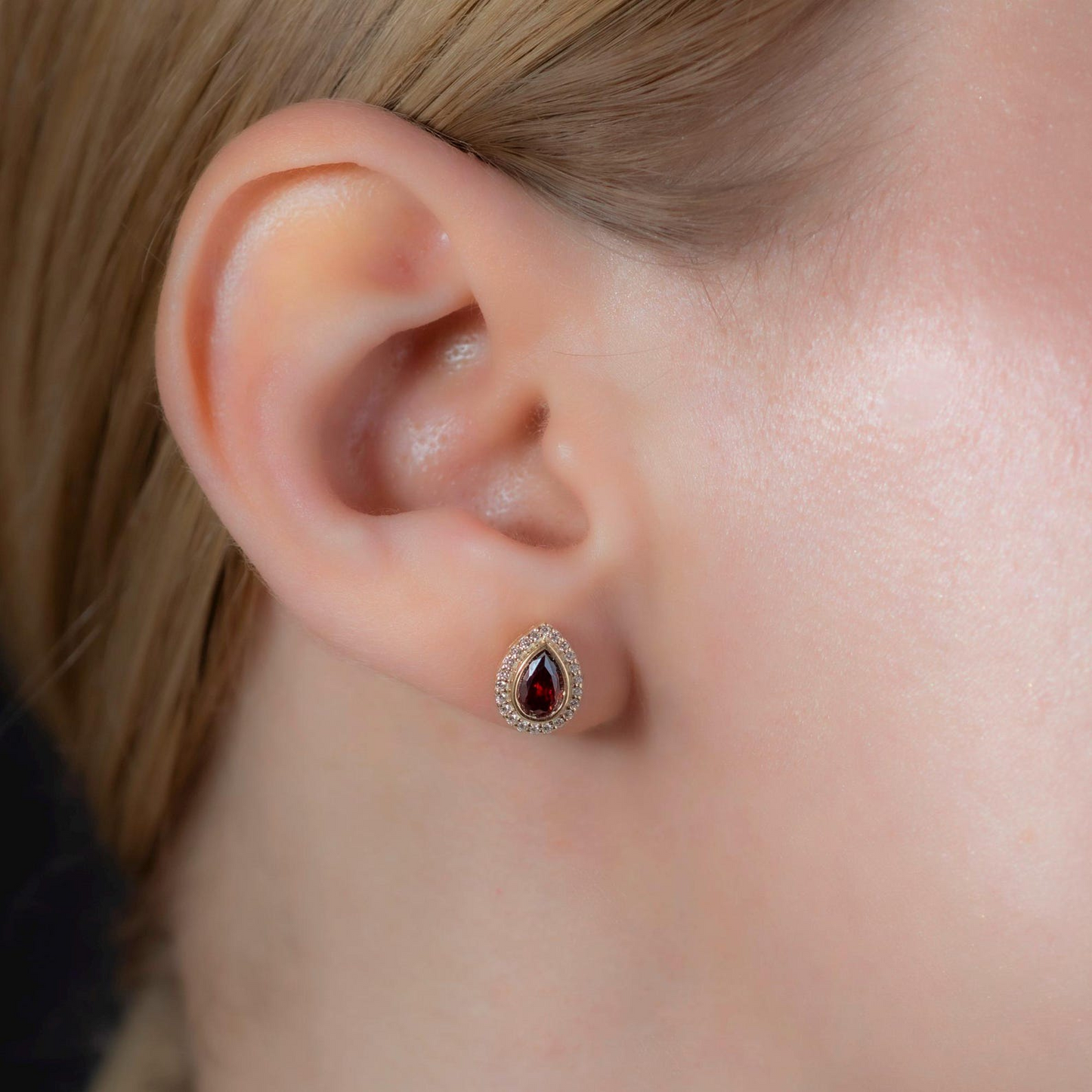 Garnet Bezel Drop Stud Earrings with Real Diamonds in 8K/10K/14K Solid Gold | January Birthstone Jewelry