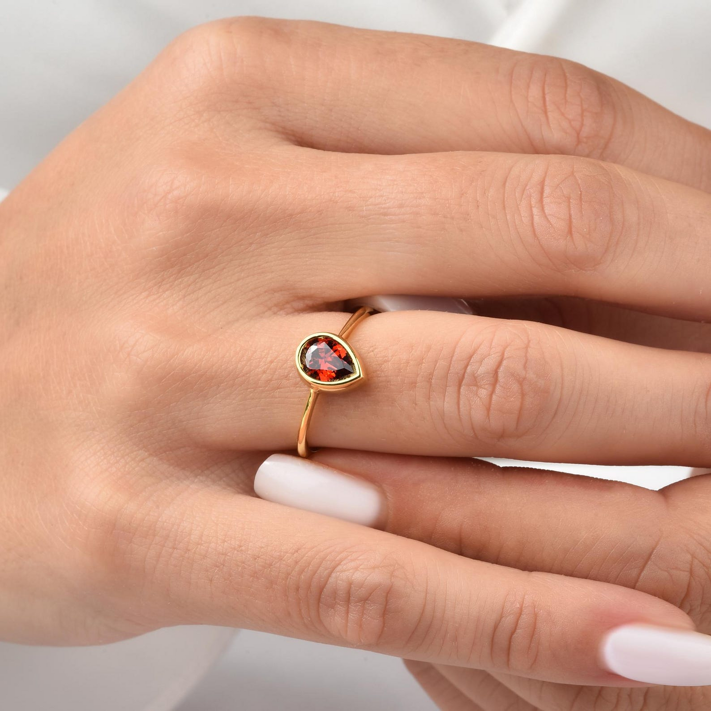 Garnet Drop Bezel Ring 8K/10K/14K Solid Gold, January Birthstone Jewelry