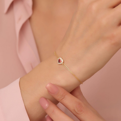 Garnet Bezel Heart Bracelet with Real Diamonds in 8K/10K/14K Solid Gold | January Birthstone Jewelry