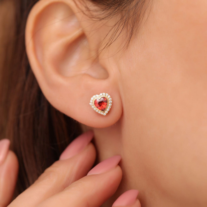 Garnet Bezel Heart Stud Earrings with Real Diamonds in 10K/14K Solid Gold | January Birthstone Jewelry