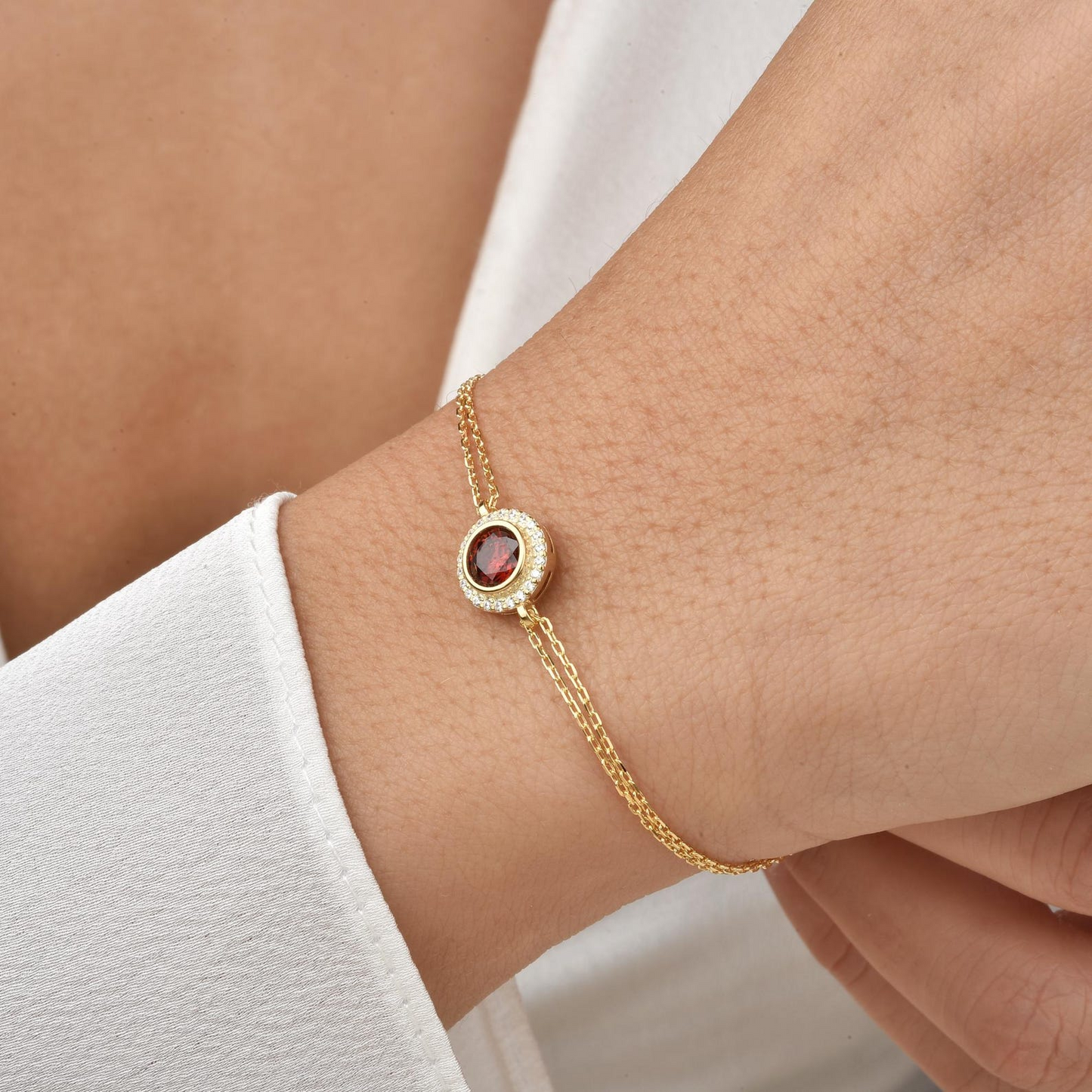 Garnet Round Bezel Bracelet in 8K/10K/14K Solid Gold with Real Diamonds, January Birthstone Jewelry