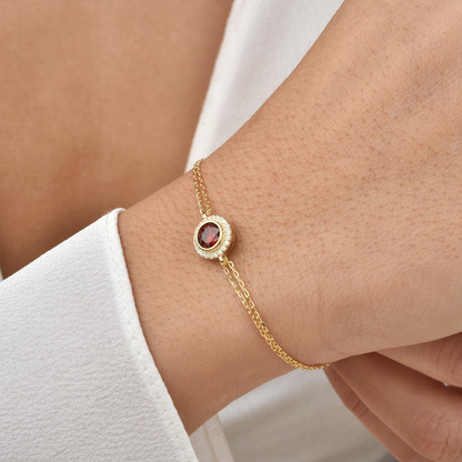Garnet Round Bezel Bracelet in 8K/10K/14K Solid Gold with Real Diamonds, January Birthstone Jewelry