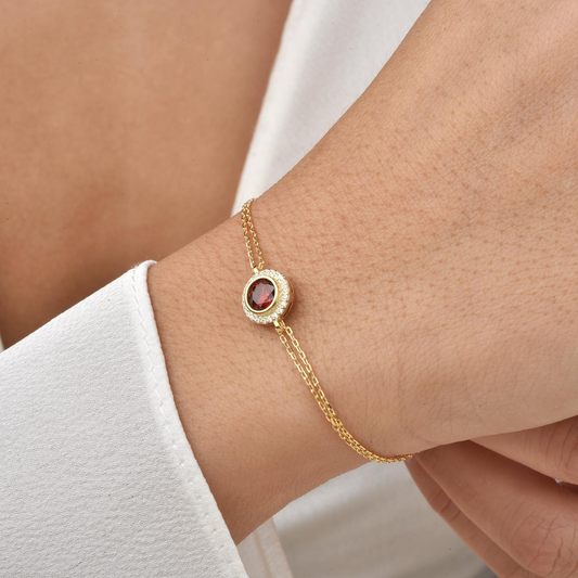 Garnet Round Bezel Bracelet in 8K/10K/14K Solid Gold with Real Diamonds, January Birthstone Jewelry