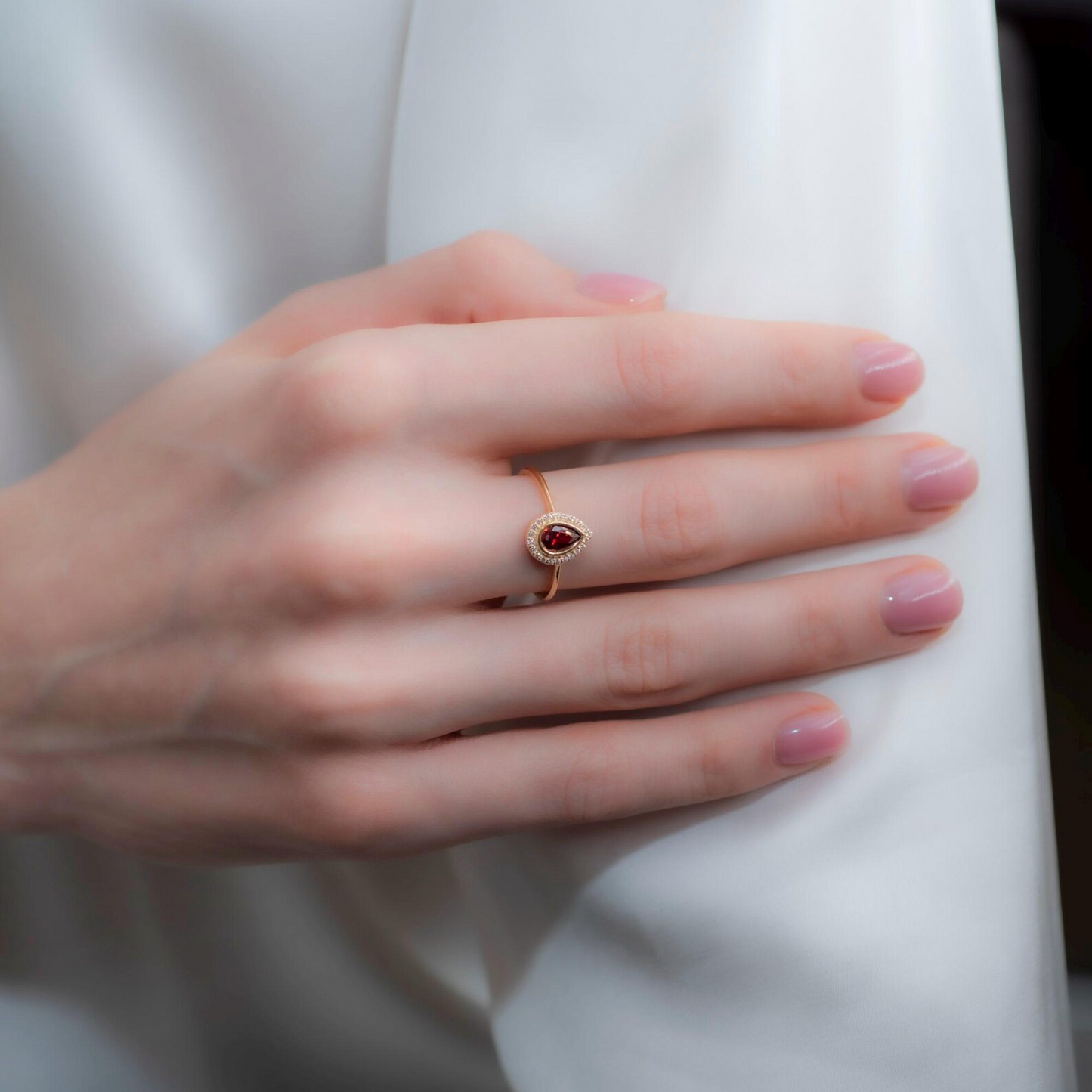 Garnet Bezel Drop Ring with Real Diamonds in 8K/10K/14K Solid Gold | January Birthstone Jewelry