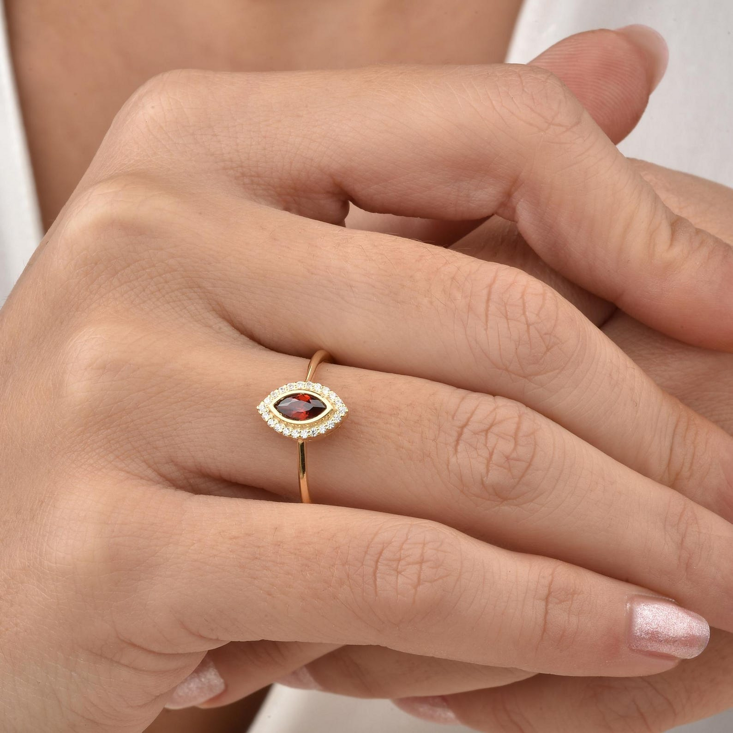 Garnet Bezel Marquise Ring with Real Diamonds in 8K/10K/14K Solid Gold | January Birthstone Jewelry