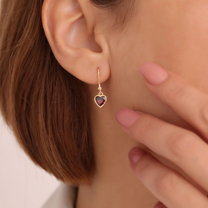 Garnet Heart Cut Bezel Dangle Earrings 14K Solid Gold, January Birthstone Jewelry