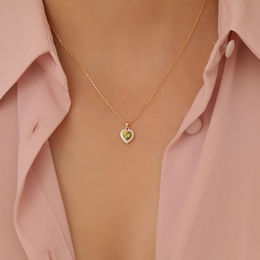 Peridot Bezel Heart Necklace with Real Diamonds in 8K/10K/14K Solid Gold | August Birthstone Jewelry