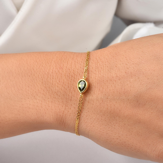 Peridot Drop Bezel Bracelet in 10K/14K Solid Gold, August Birthstone Jewelry