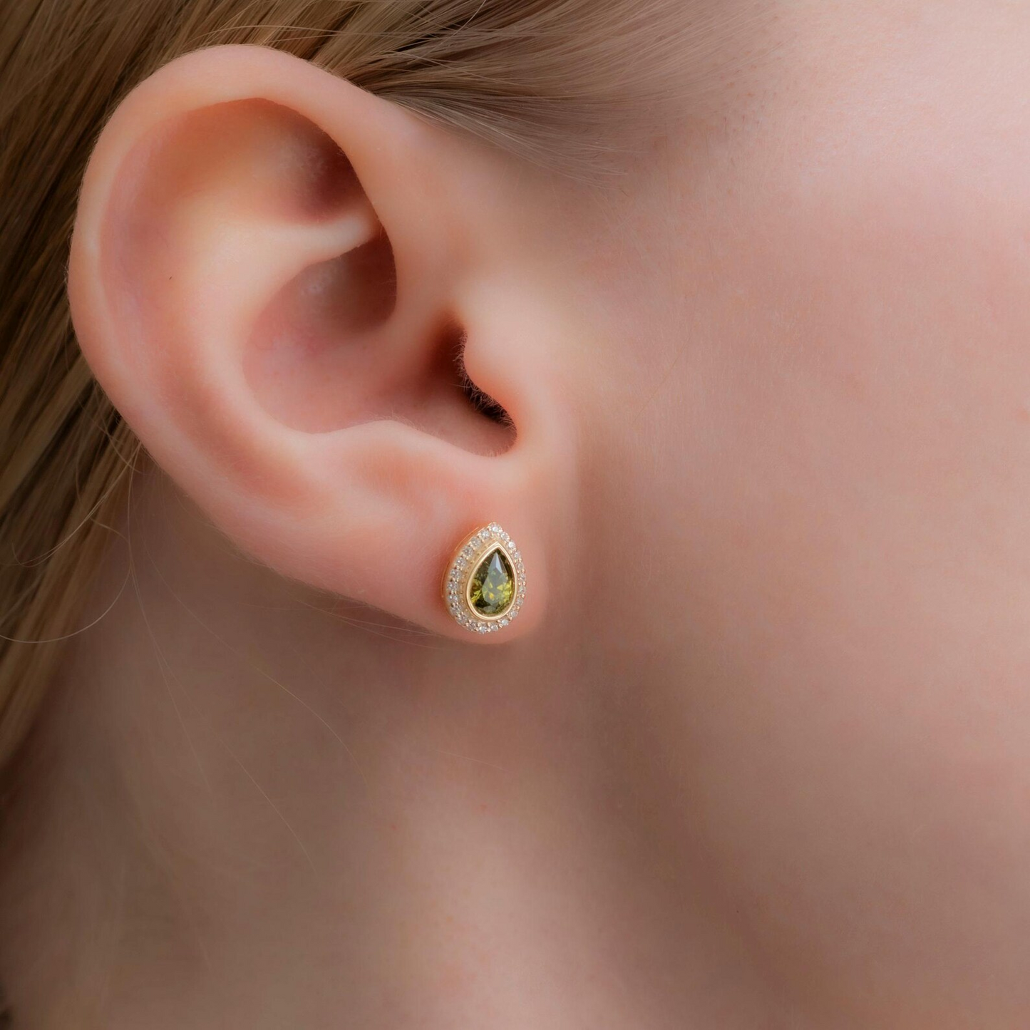 Peridot Bezel Drop Stud Earrings with Real Diamonds in 8K/10K/14K Solid Gold | August Birthstone Jewelry