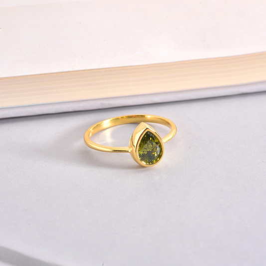 Peridot Drop Bezel Ring 8K/10K/14K Solid Gold, August Birthstone Jewelry