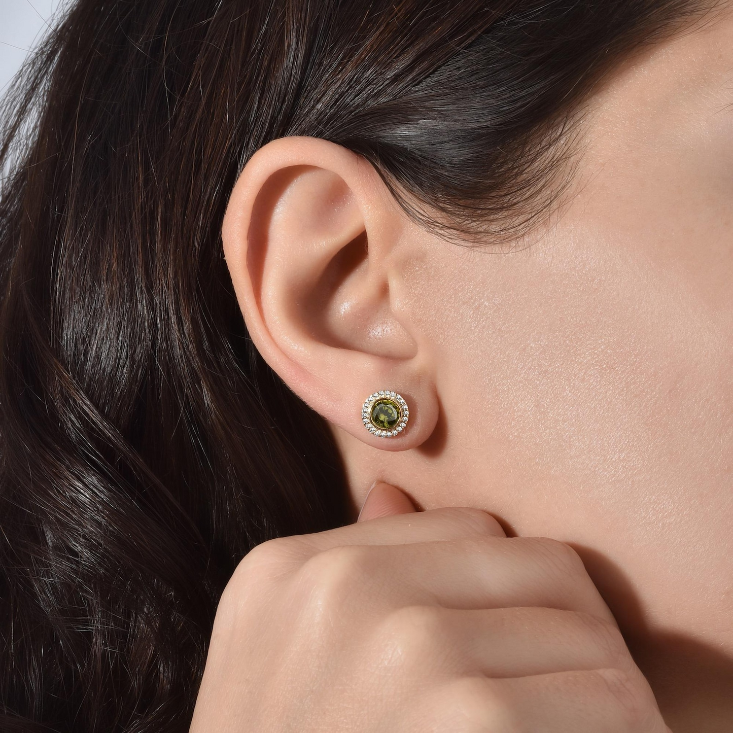 Peridot Round Bezel Stud Earrings in 8K/10K/14K Solid Gold with Real Diamonds, August Birthstone Jewelry