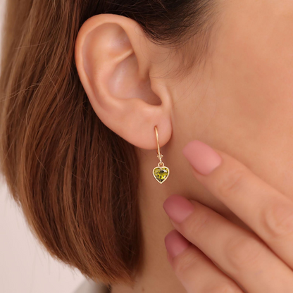 Peridot Heart Cut Bezel Dangle Earrings 14K Solid Gold, August Birthstone Jewelry
