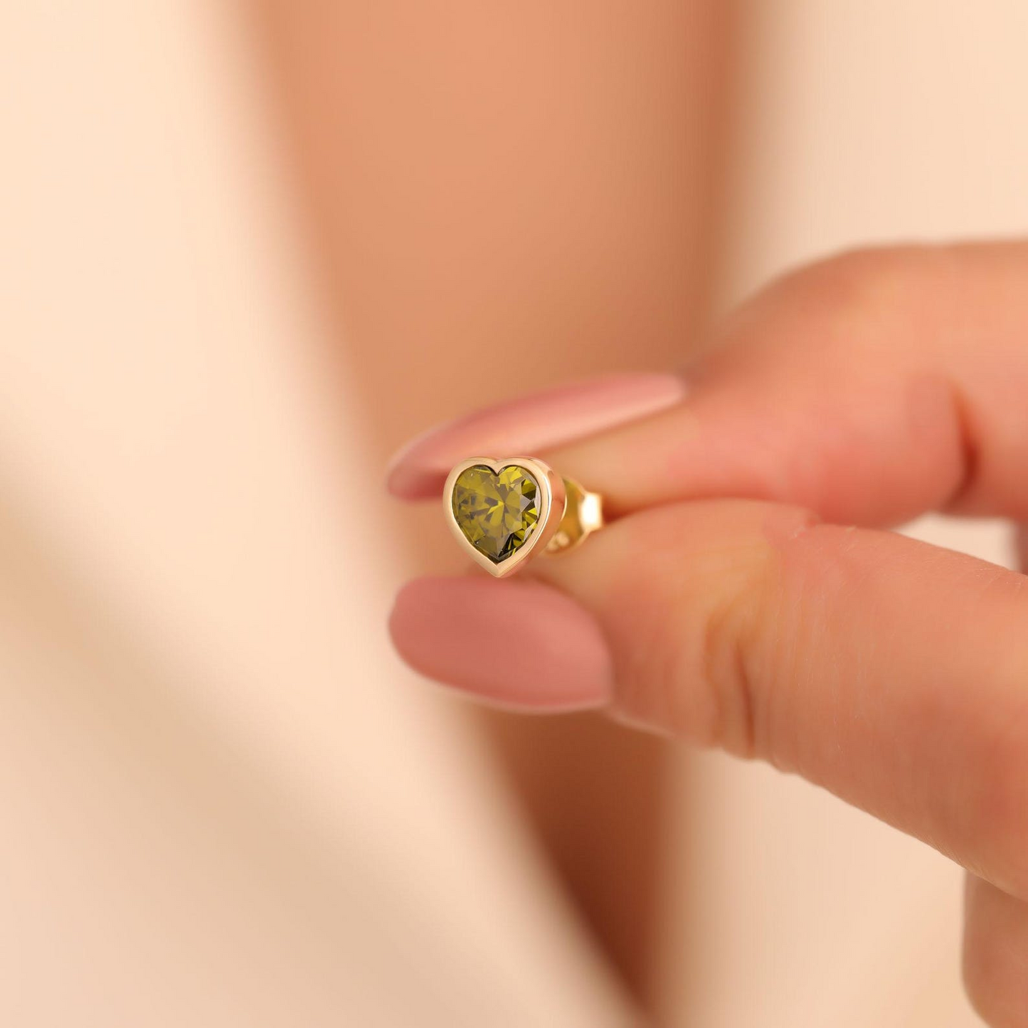 Peridot Heart Bezel Cut Stud Earrings 10K/14K Solid Gold, August Birthstone Jewelry