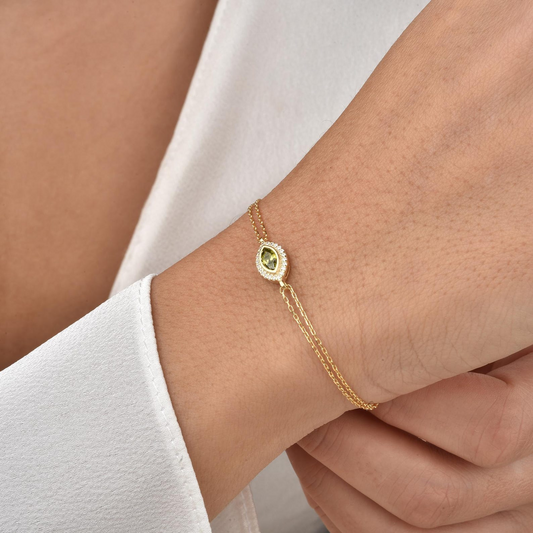 Peridot Bezel Marquise Bracelet with Real Diamonds in 8K/10K/14K Solid Gold | August Birthstone Jewelry