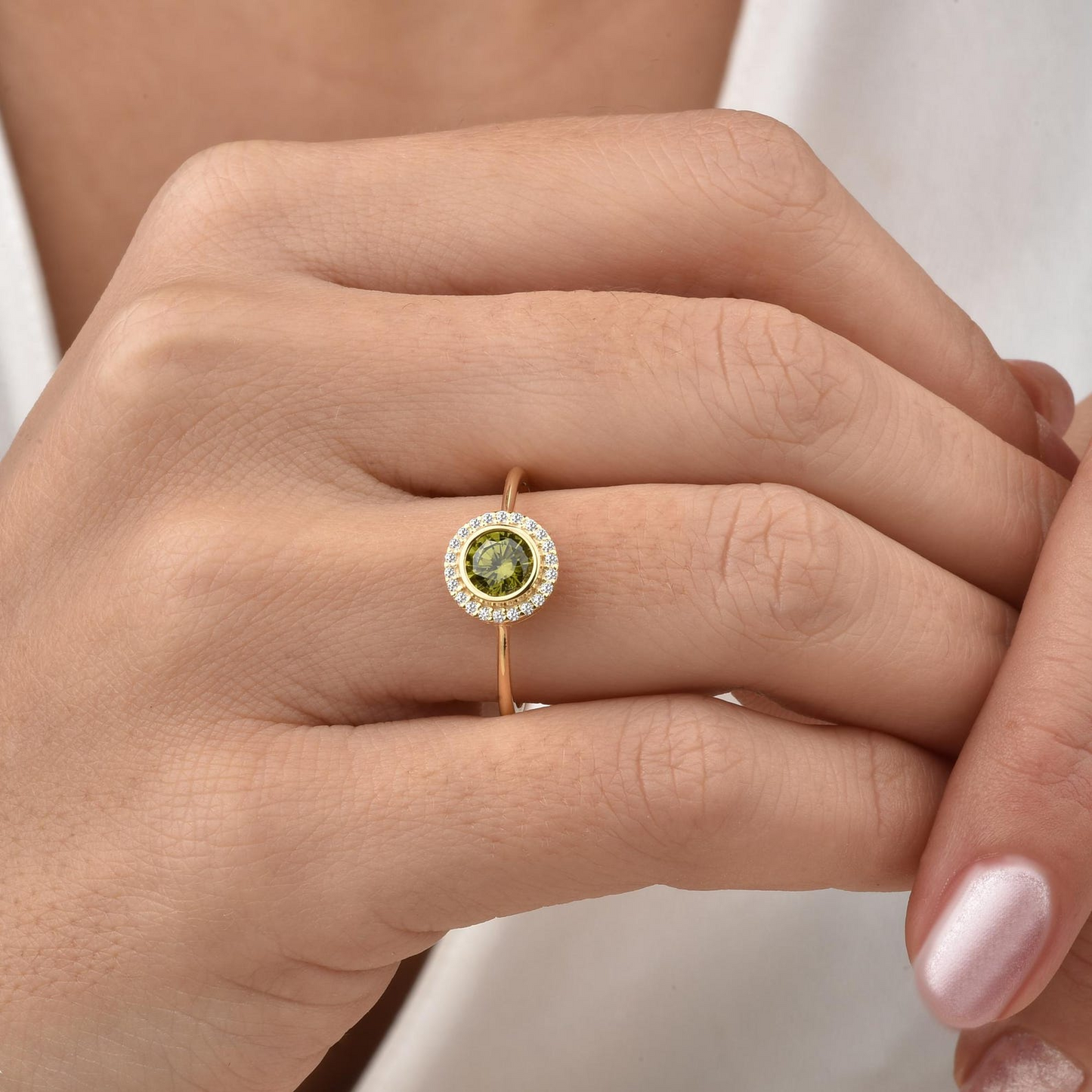 Peridot Round Bezel Ring in 8K/10K/14K Solid Gold with Real Diamonds, August Birthstone Jewelry