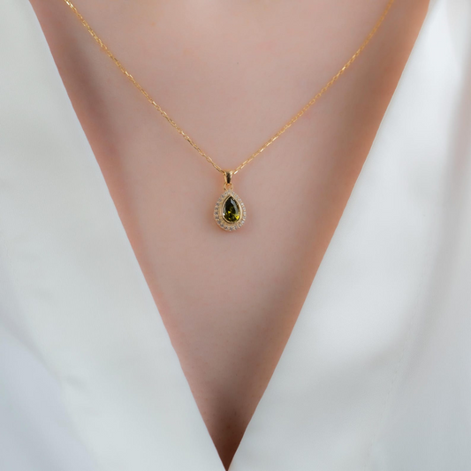 Peridot Bezel Drop Necklace with Real Diamonds in 8K/10K/14K Solid Gold | November Birthstone Jewelry