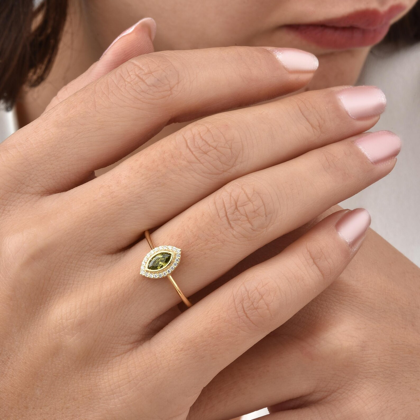 Peridot Bezel Marquise Ring with Real Diamonds in 8K/10K/14K Solid Gold | August Birthstone Jewelry