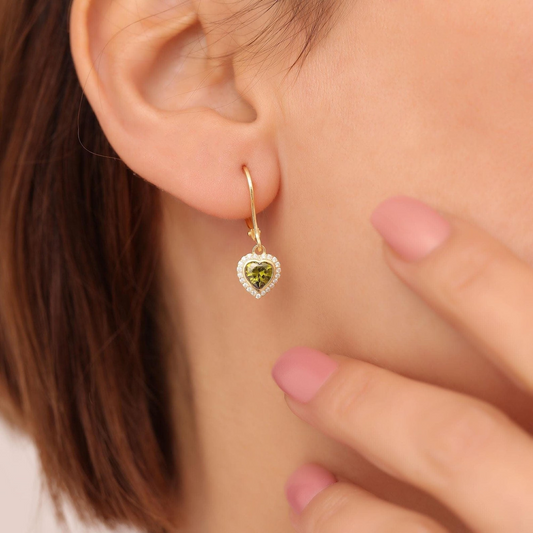 Peridot Bezel Heart Dangle Earrings with Real Diamonds in 8K/10K/14K Solid Gold | August Birthstone Jewelry