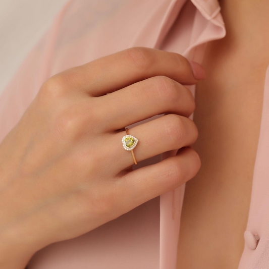Peridot Bezel Heart Ring with Real Diamonds in 8K/10K/14K Solid Gold | August Birthstone Jewelry