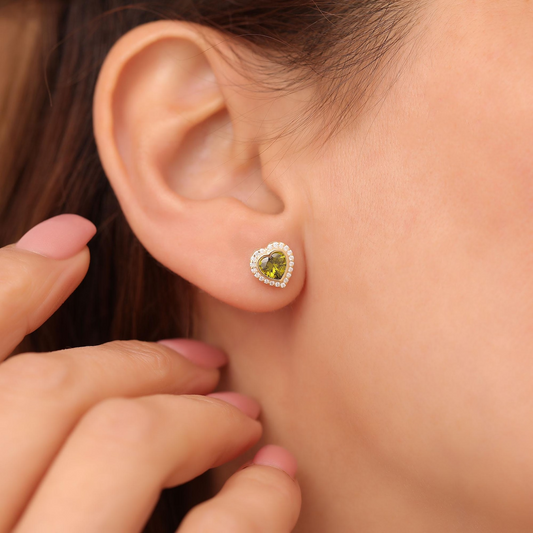Peridot Bezel Heart Stud Earrings with Real Diamonds in 10K/14K Solid Gold | August Birthstone Jewelry