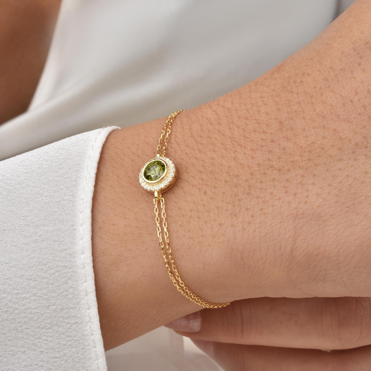 Peridot Round Bezel Bracelet in 8K/10K/14K Solid Gold with Real Diamonds, August Birthstone Jewelry