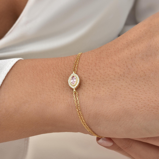 Pink Tourmaline Bezel Marquise Bracelet with Real Diamonds in 8K/10K/14K Solid Gold | October Birthstone Jewelry
