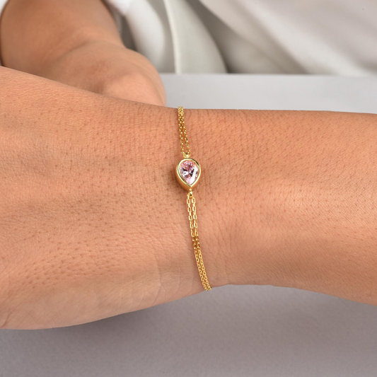 Pink Tourmaline Drop Bezel Bracelet in 10K/14K Solid Gold, October Birthstone Jewelry