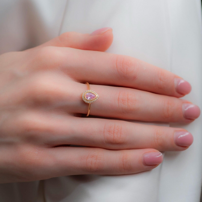 Pink Tourmaline Bezel Drop Ring with Real Diamonds in 8K/10K/14K Solid Gold | October Birthstone Jewelry