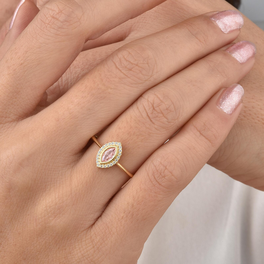 Pink Tourmaline Bezel Marquise Ring with Real Diamonds in 8K/10K/14K Solid Gold | October Birthstone Jewelry