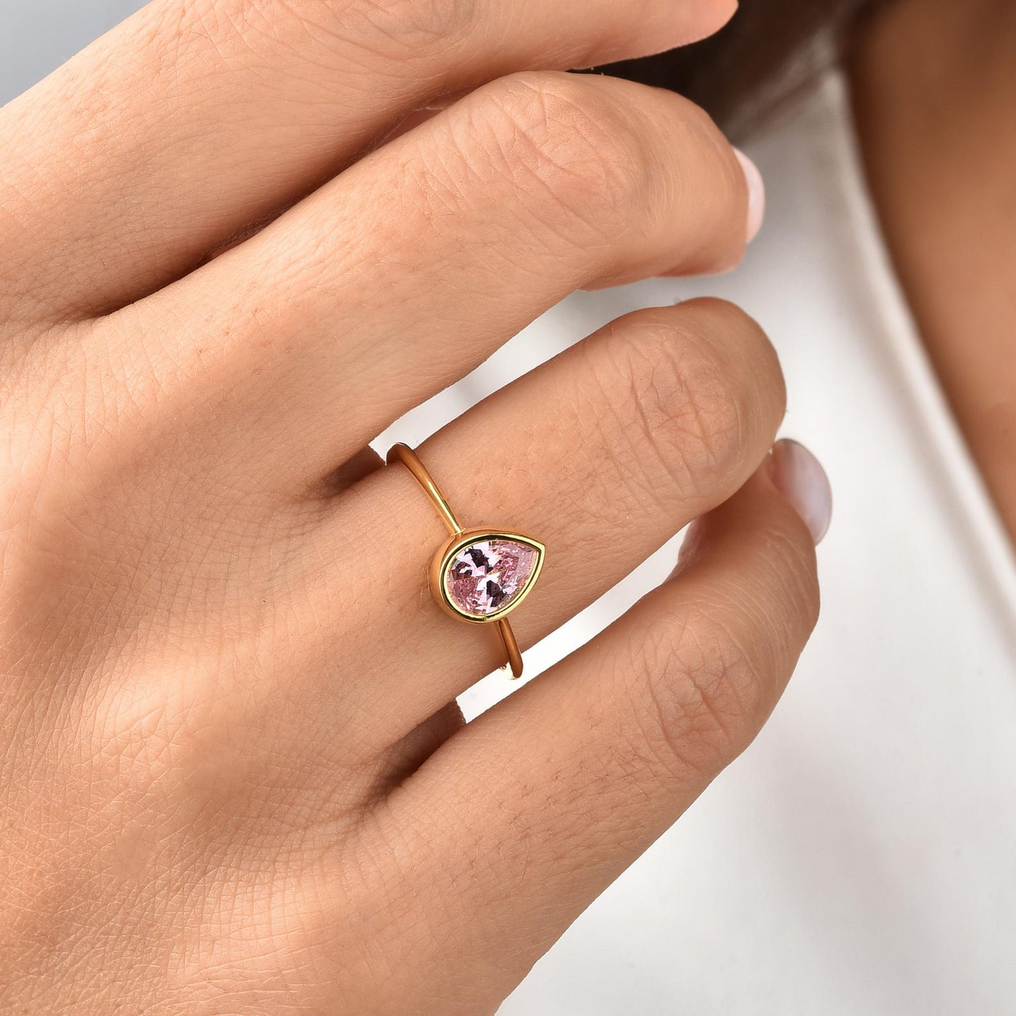 Pink Tourmaline Drop Bezel Ring 8K/10K/14K Solid Gold, October Birthstone Jewelry