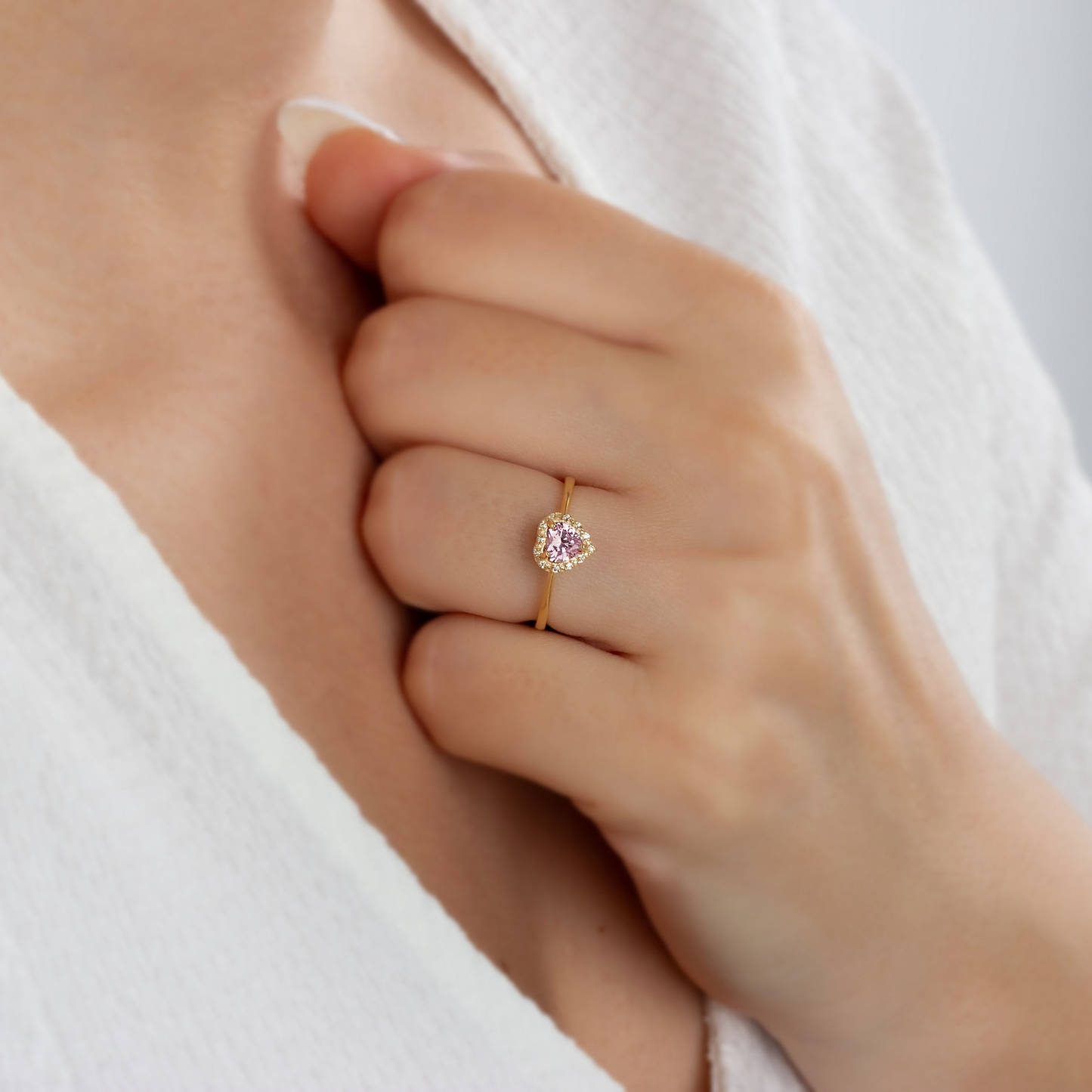 Pink Tourmaline Bezel Heart Ring with Real Diamonds Halo in 8K/10K/14K Solid Gold | October Birthstone Jewelry
