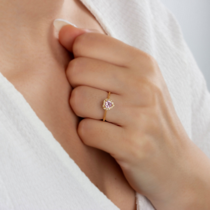 Pink Tourmaline Bezel Heart Ring with Real Diamonds Halo in 8K/10K/14K Solid Gold | October Birthstone Jewelry