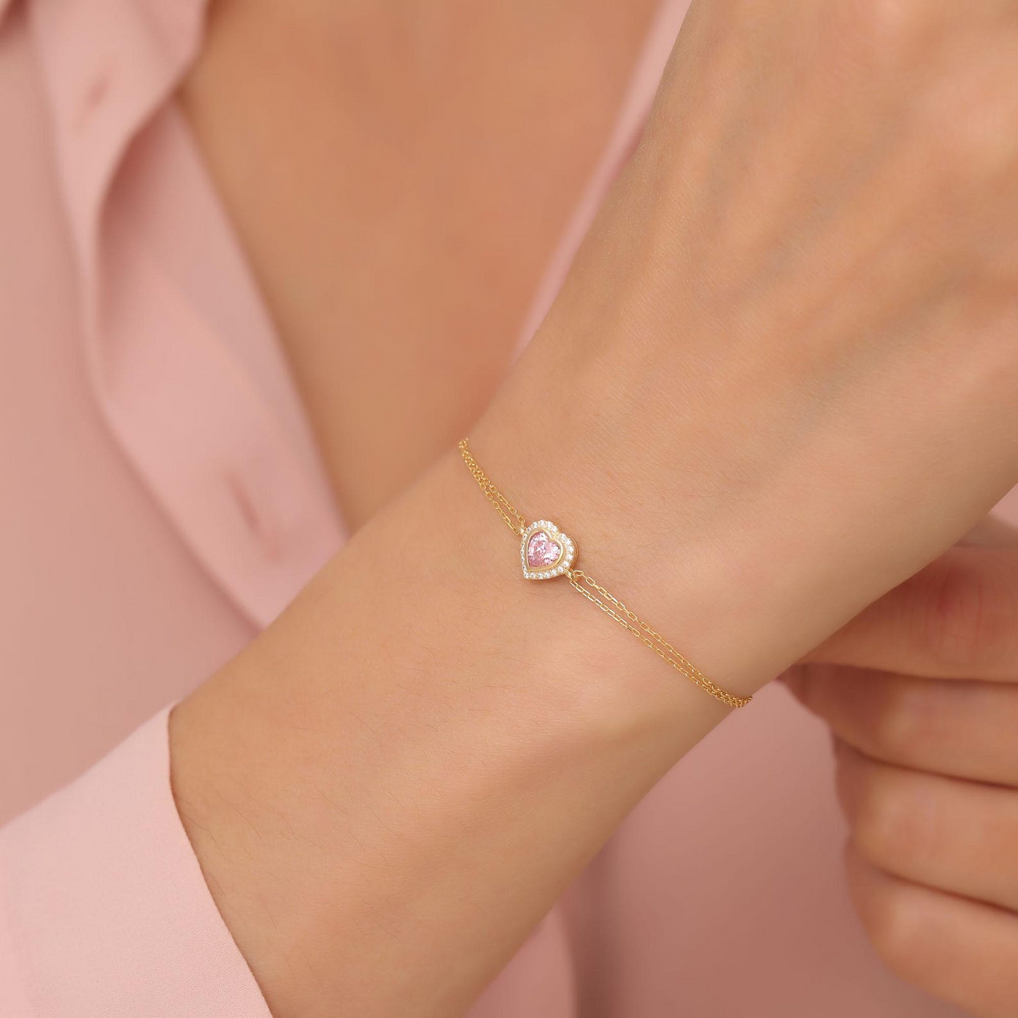Pink Tourmaline Bezel Heart Bracelet with Real Diamonds in 8K/10K/14K Solid Gold | October Birthstone Jewelry
