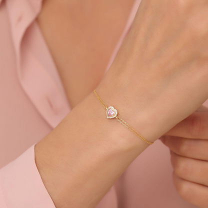 Pink Tourmaline Bezel Heart Bracelet with Real Diamonds in 8K/10K/14K Solid Gold | October Birthstone Jewelry