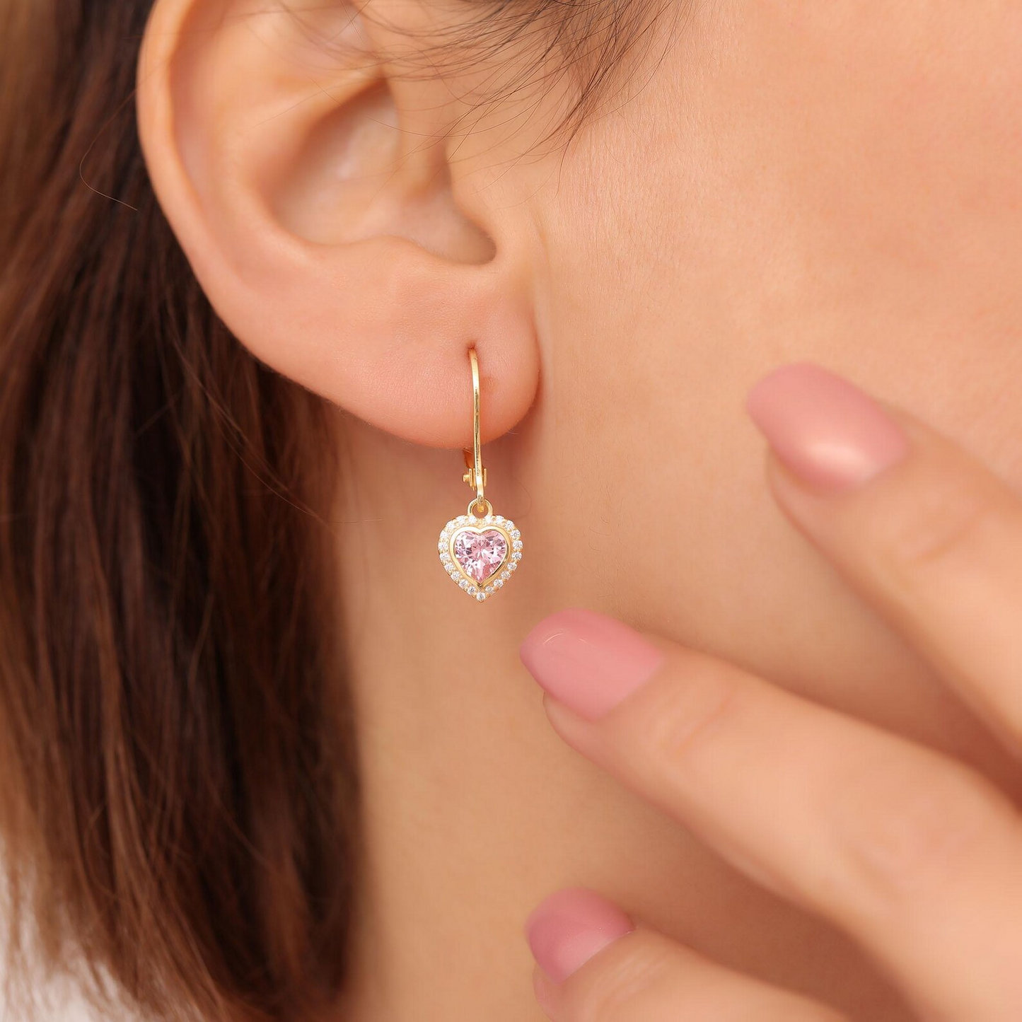 Pink Tourmaline Bezel Heart Dangle Earrings with Real Diamonds in 8K/10K/14K Solid Gold | October Birthstone Jewelry